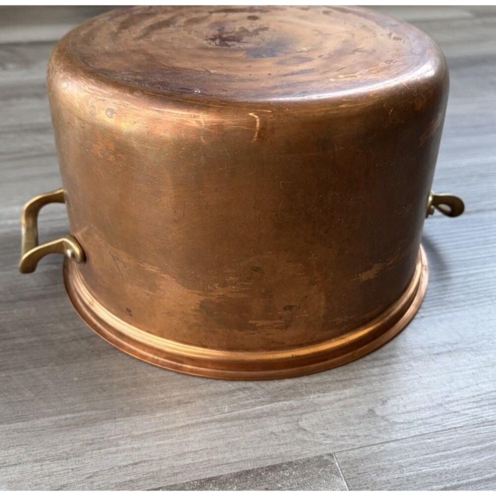 Vintage Copper Stock Pot Stainless Steel Lined Brass Handles 5.75" x 9.5" Patina - Picture 5 of 7